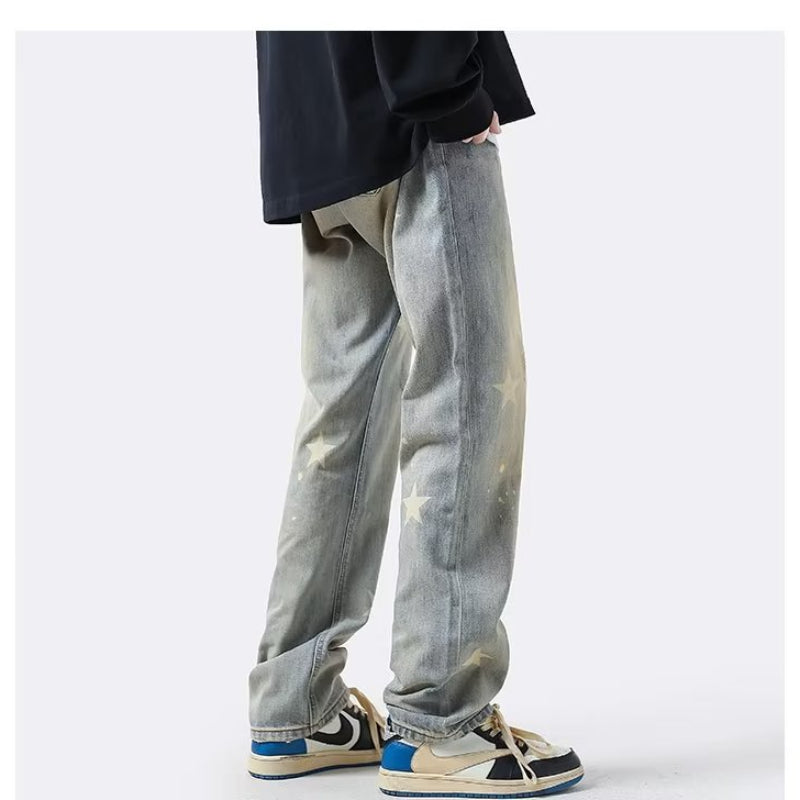 Men Jeans XINGX Printed Jeans Retro Loose Straight-Leg Wide-Leg Pants