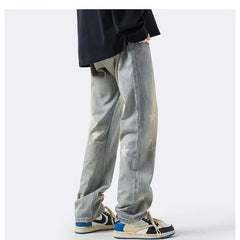 Men Jeans XINGX Printed Jeans Retro Loose Straight-Leg Wide-Leg Pants
