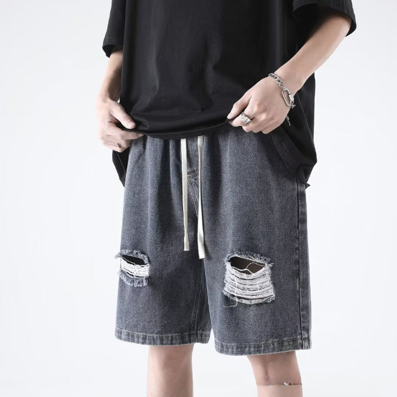 Men Jeans Ripped Denim Shorts Men's Summer Straight-Leg Pants